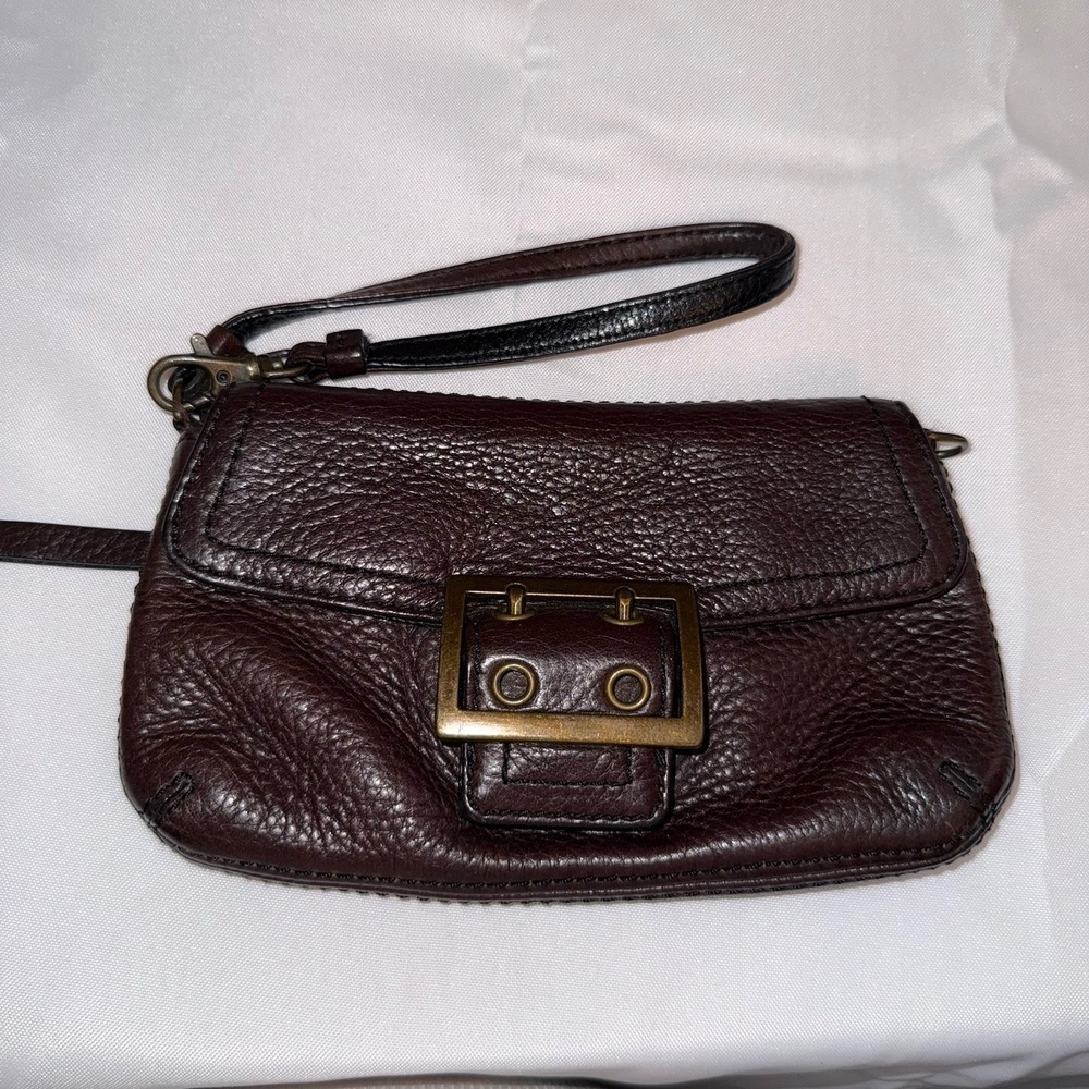 Banana Republic Brown Pebbled Leather Wristlet Handbag Large Brass Buckle Purse